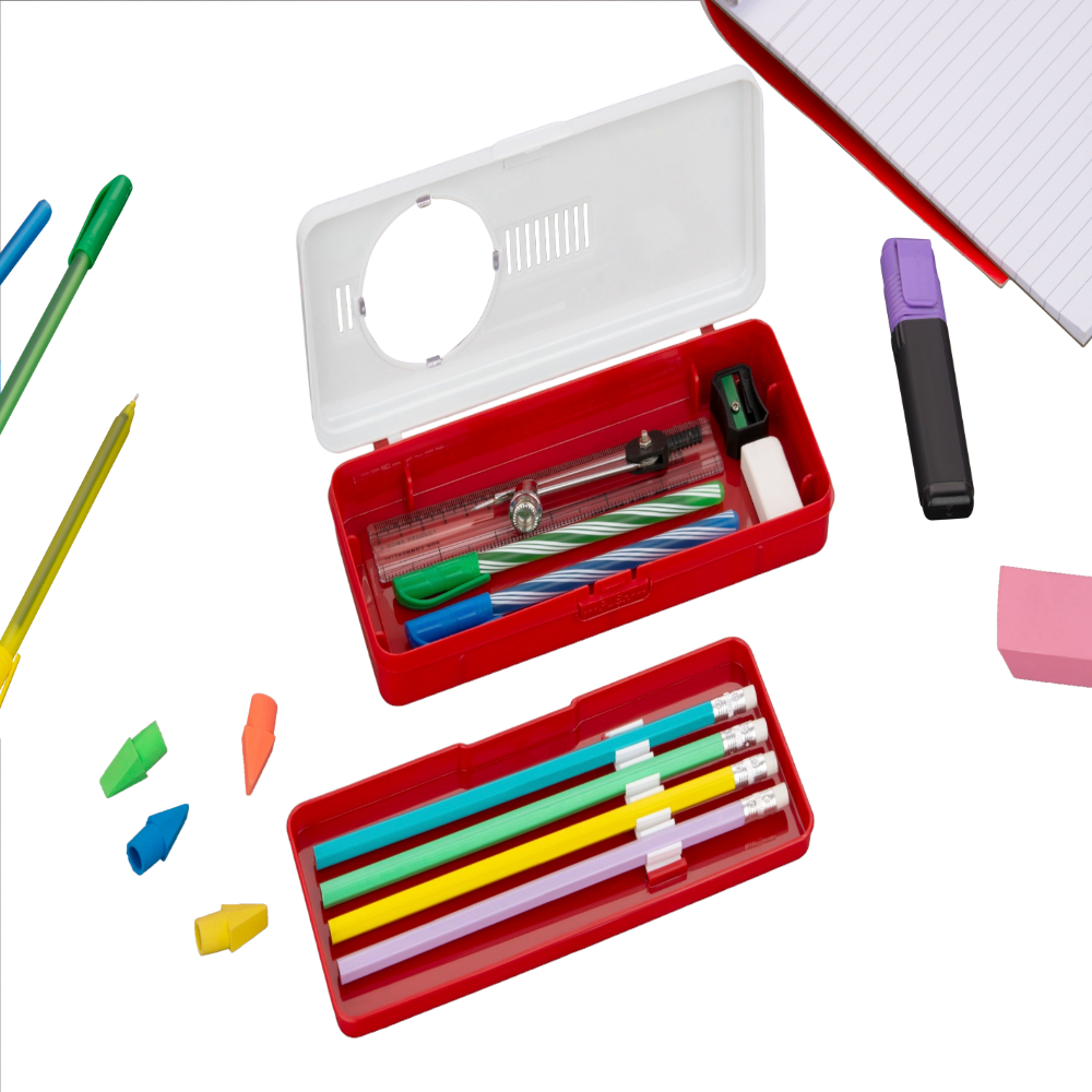 HAZEL Pencil Box for Art Organizer and Storage | Creative Crayon Box for Stationary Box | Compass Box with Separator for School Kids, Red