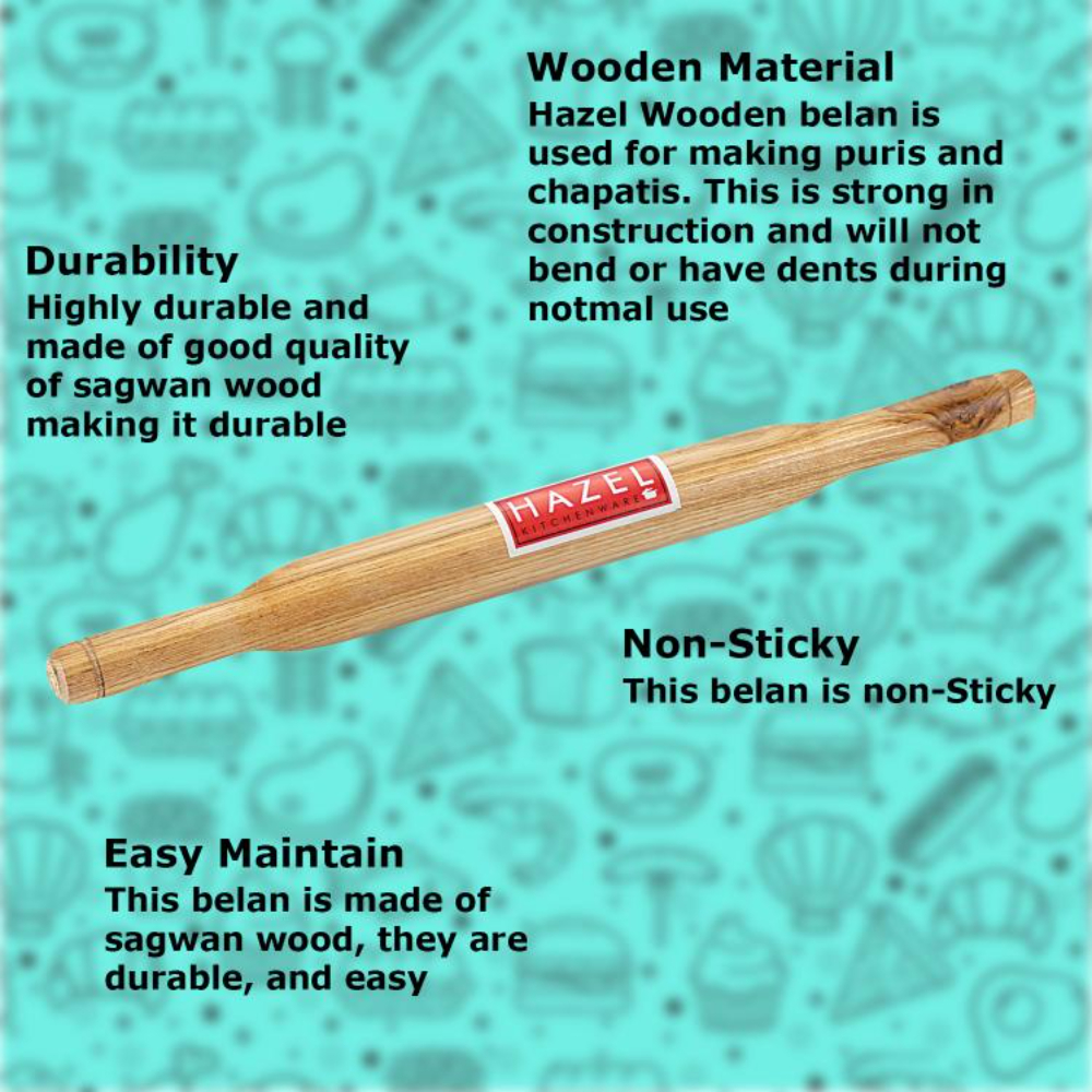 HAZEL Wooden Belan Rolling Pin Sagwan Roti Phulka Dough Roller for Home and Kitchen, 35 cm