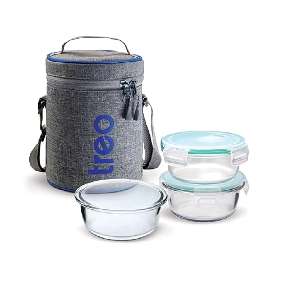 TREO by Milton All Fresh Borosilicate Glass Tiffin Lunch Box 3 Round Containers, 380 ml each