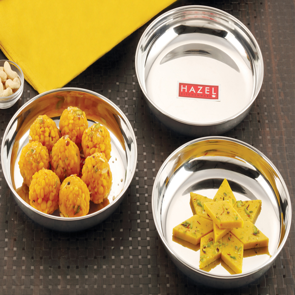 HAZEL Premium Steel Serving Plate Set of 3, 17 cm X 2 cm, 425 ml 