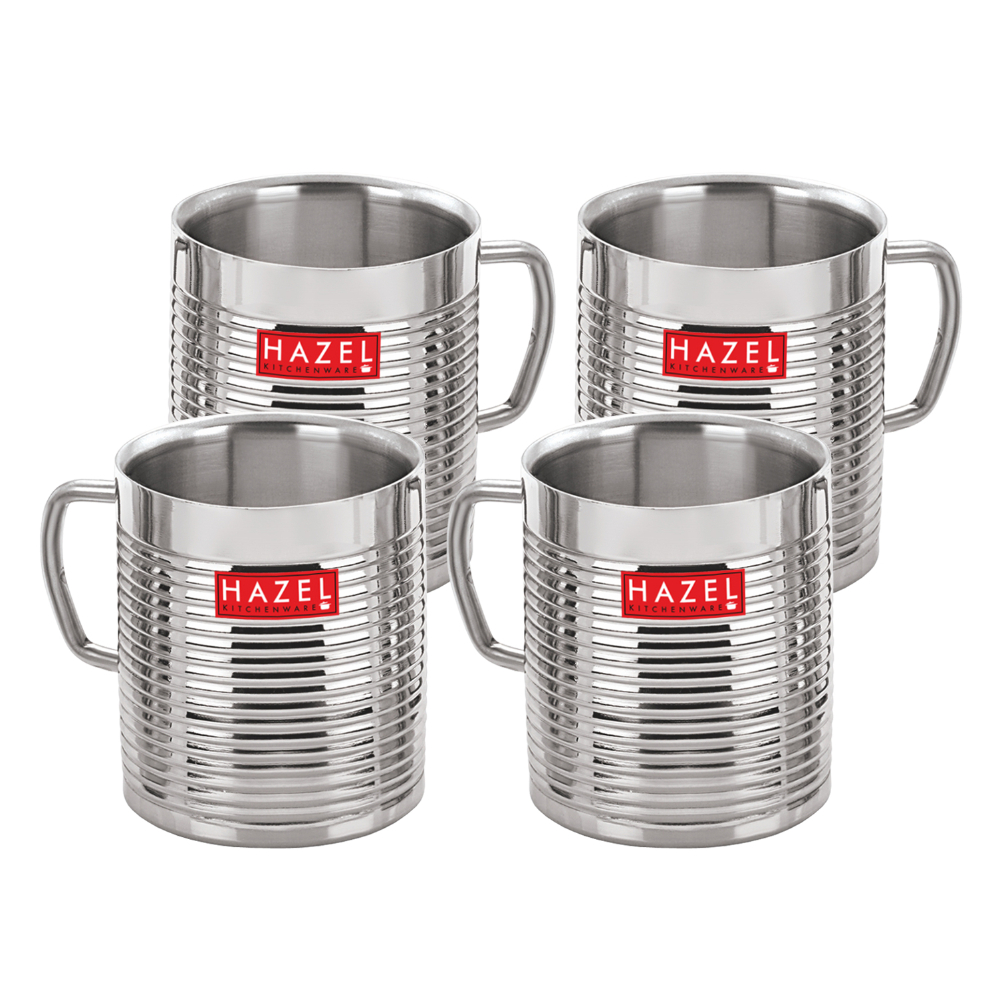HAZEL Stainless Steel Green Tea Coffee Big Aishwarya Mug, Set of 4, 300 ml (Each)