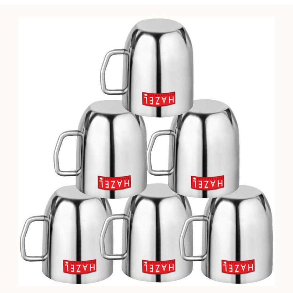 HAZEL Stainless Steel Green Tea Coffee Big Cute Plain Mug, Set of 6, 300 ml (Each)