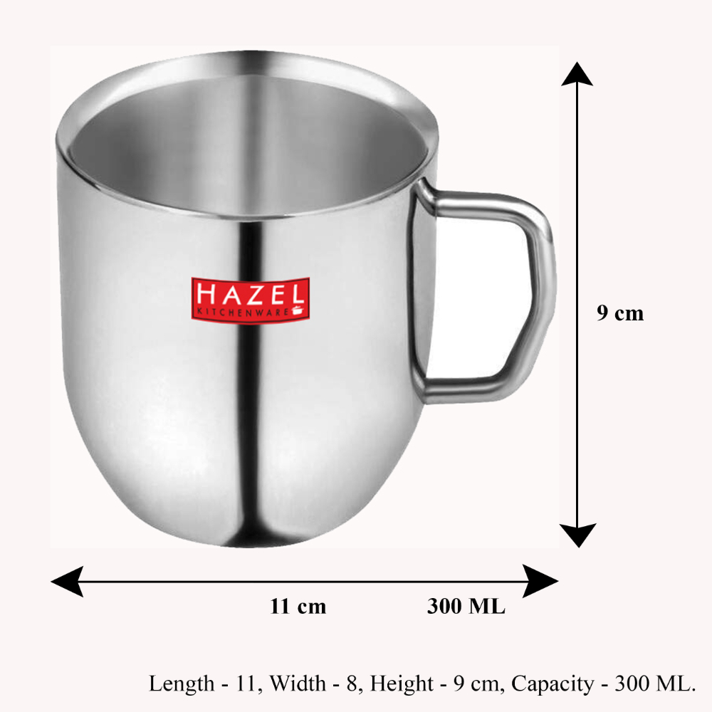 HAZEL Stainless Steel Green Tea Coffee Big Cute Plain Mug, Set of 6, 300 ml (Each)