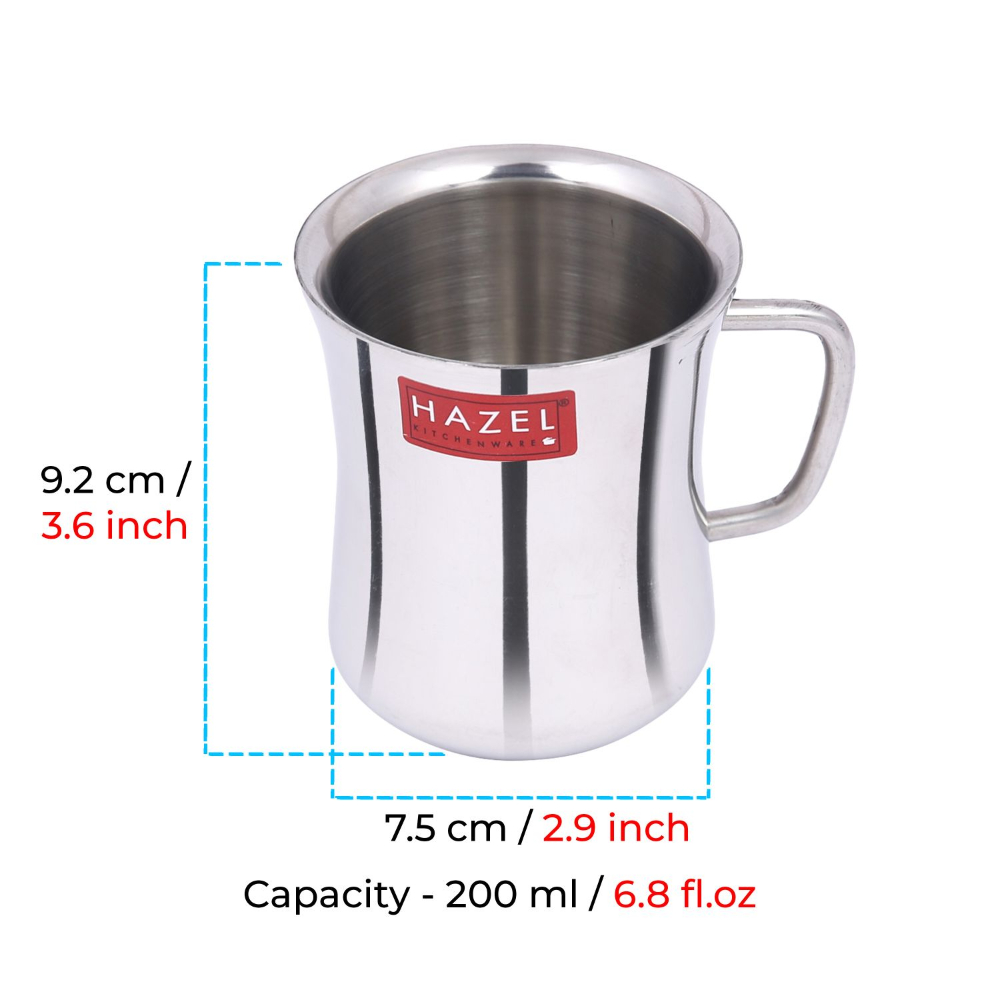 HAZEL Stainless Steel Green Tea Coffee Big Damaru Plain Mug, Set of 6, 200 ml (Each)