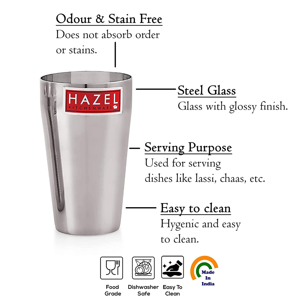 HAZEL Stainless Steel Plain Traditional Jumbo Water Lassi Glass Set of 4, 750 ML Each