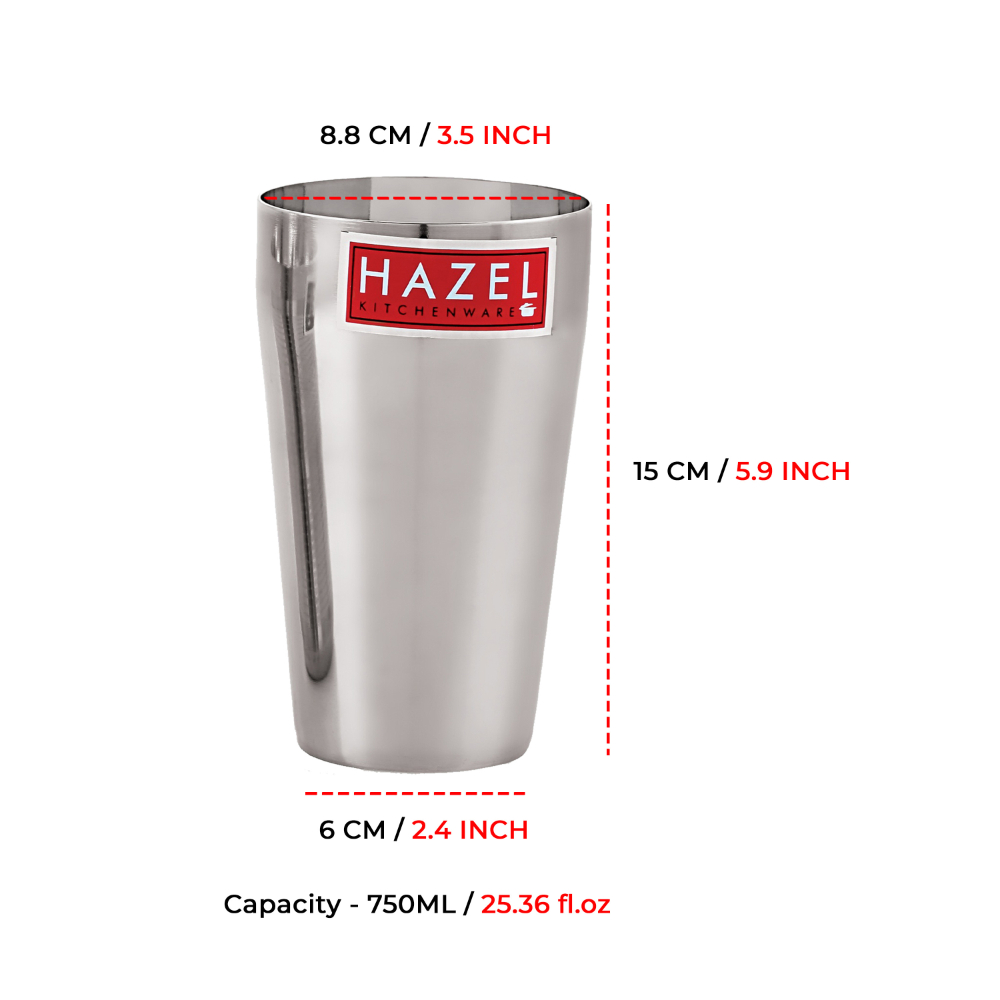 HAZEL Stainless Steel Plain Traditional Jumbo Water Lassi Glass Set of 4, 750 ML Each