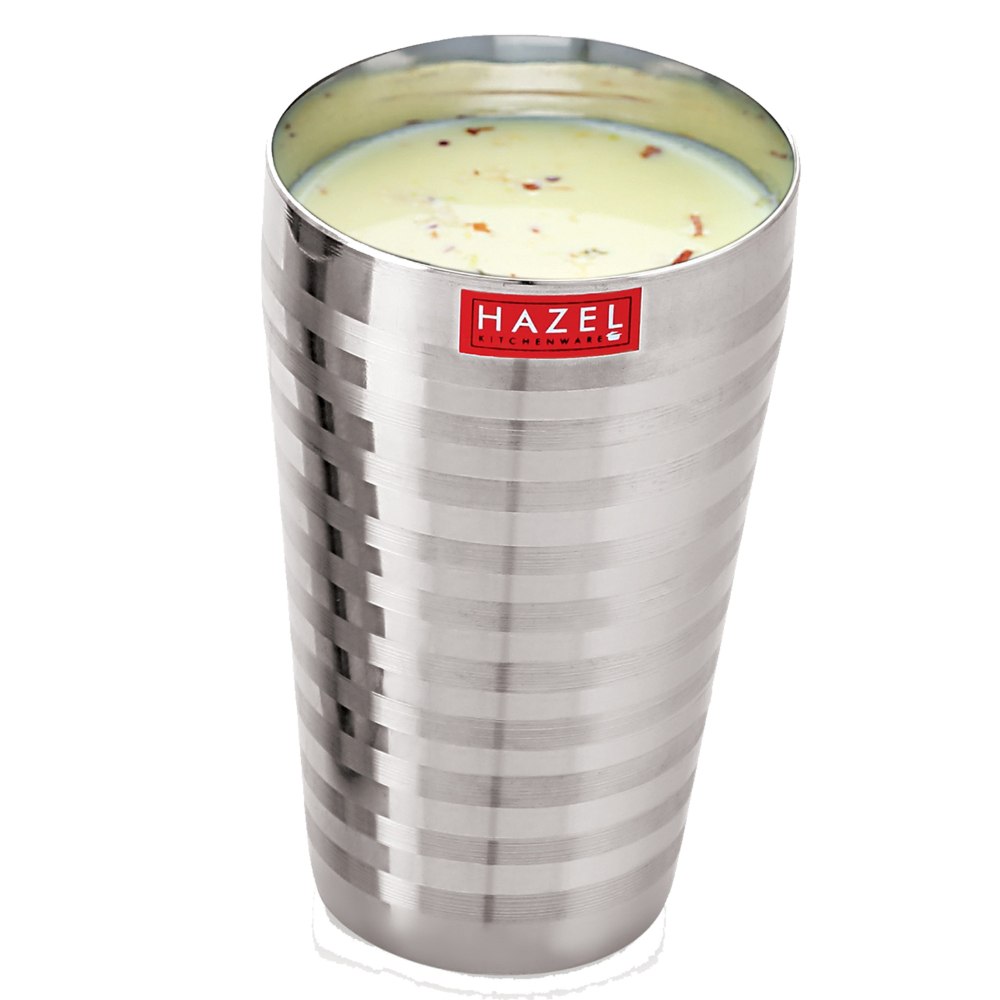 HAZEL Stainless Steel Stripped Design Traditional Shape Jumbo Water Lassi Glass Set of 3, 750 ML Each