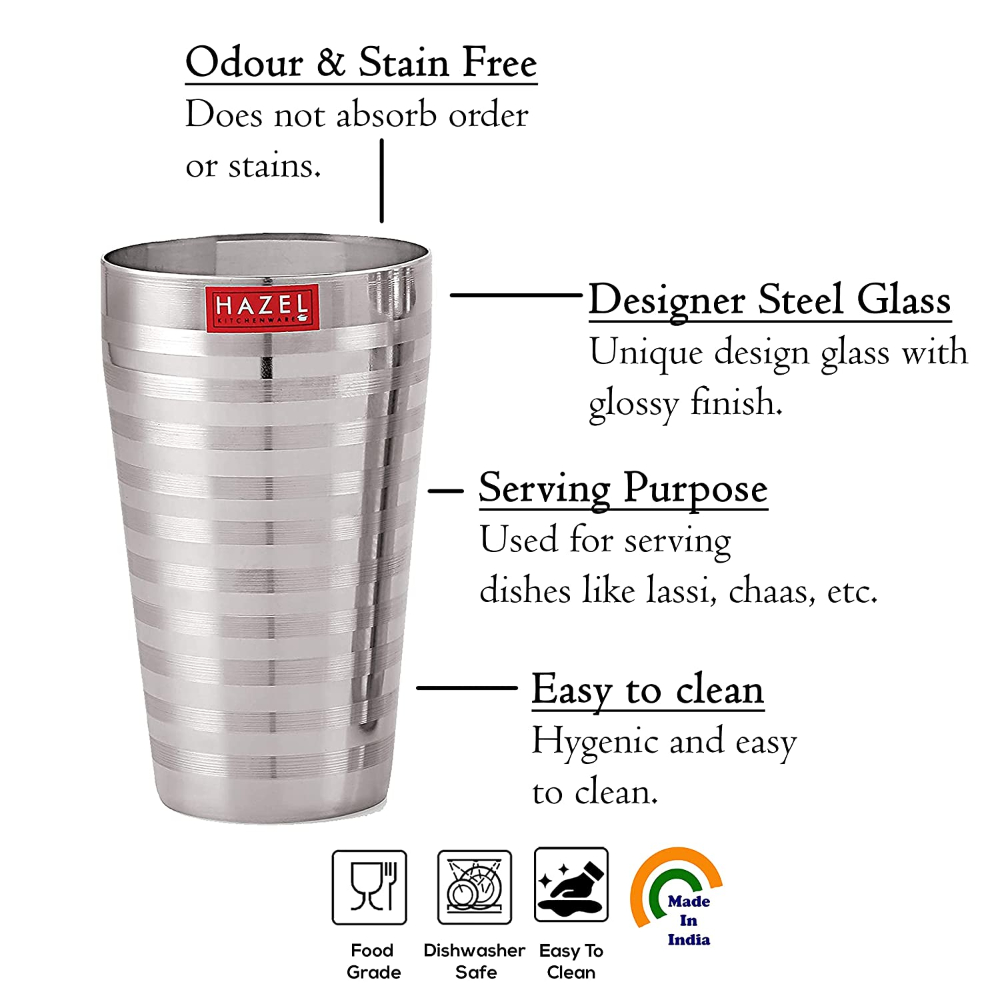 HAZEL Stainless Steel Stripped Design Traditional Shape Jumbo Water Lassi Glass Set of 3, 750 ML Each