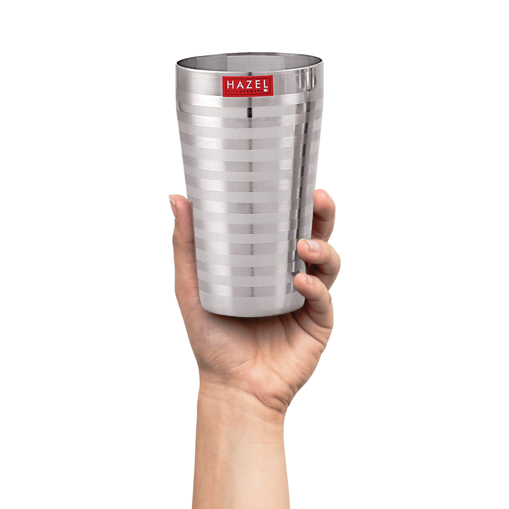 HAZEL Stainless Steel Stripped Design Traditional Shape Jumbo Water Lassi Glass Set of 5, 750 ML Each