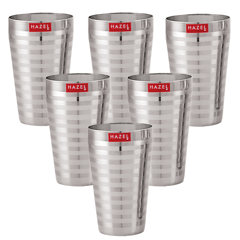 HAZEL Stainless Steel Stripped Design Traditional Shape Jumbo Water Lassi Glass Set of 6, 750 ML Each
