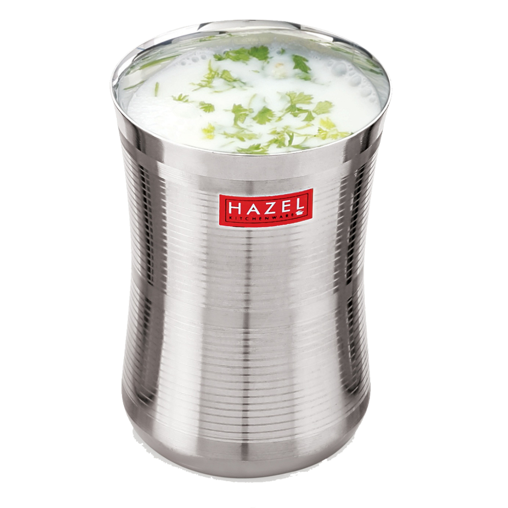 HAZEL Stainless Steel Damru Shape Jumbo Water Lassi Glass Set of 4, 650 ML Each