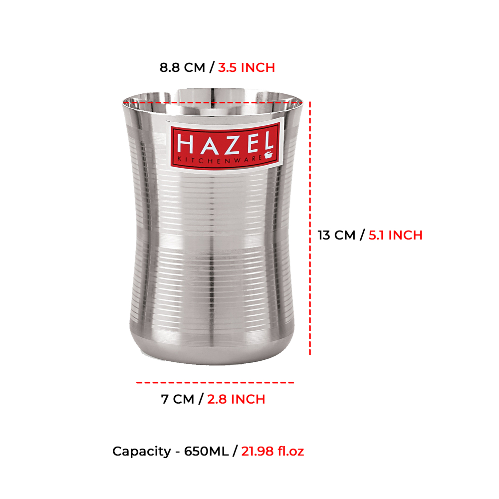 HAZEL Stainless Steel Damru Shape Jumbo Water Lassi Glass Set of 4, 650 ML Each