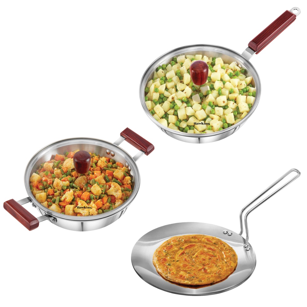 Hawkins Triply Stainless Steel Frying Pan 26 cm with Lid, Kadhai 2.5 Ltr with Lid, Tawa 26 cm