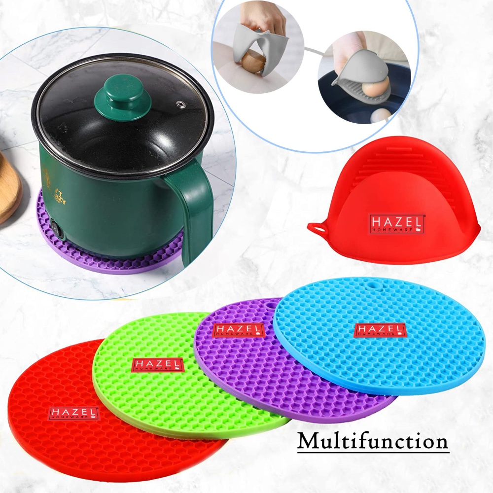 HAZEL Silicon Mats with Oven Mitts | 2 Piece Sincone Trivet with 1 Pair Heat Resistant Pinch Mitten Pot Holder For Kitchen, Multi color