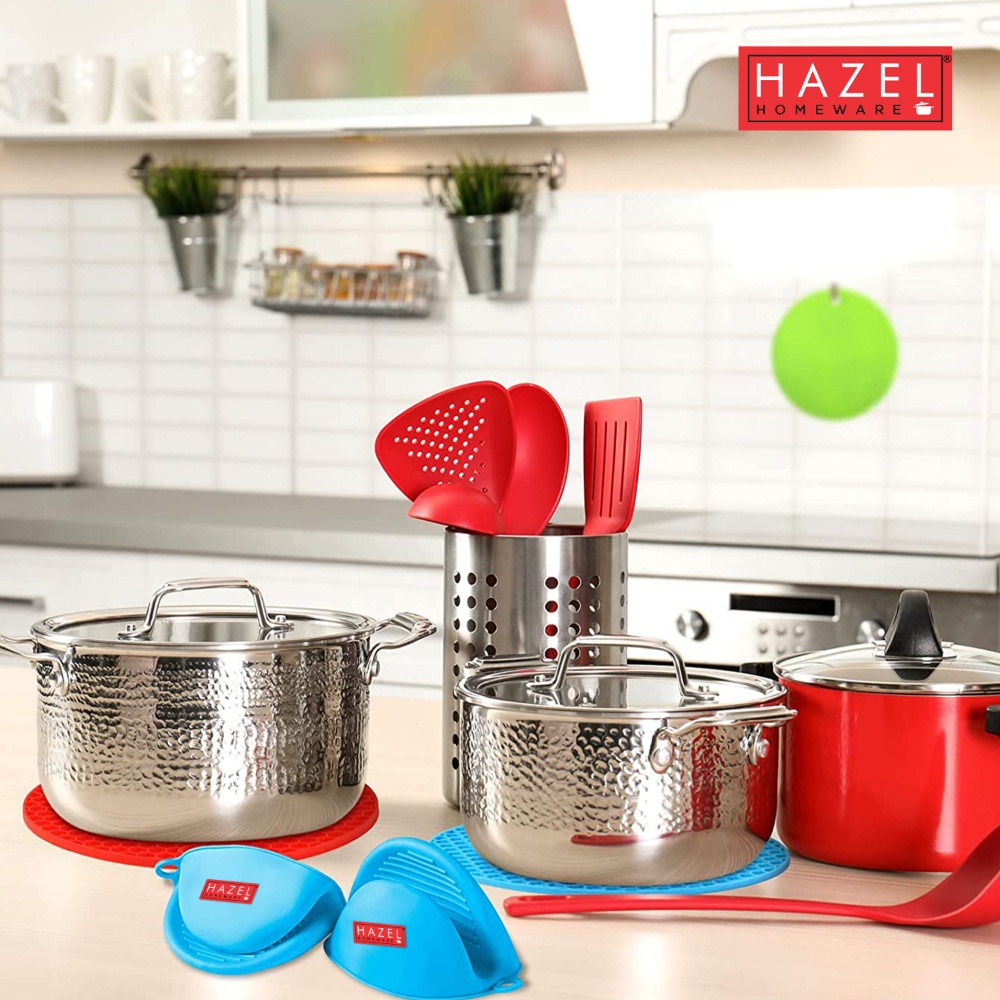 HAZEL Silicon Mats with Oven Mitts | 2 Piece Sincone Trivet with 1 Pair Heat Resistant Pinch Mitten Pot Holder For Kitchen, Multi color