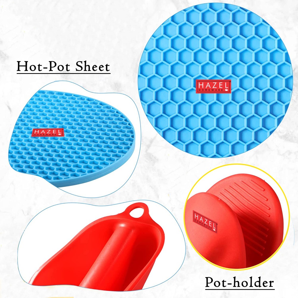 HAZEL Silicon Mats with Oven Mitts | 2 Piece Sincone Trivet with 1 Pair Heat Resistant Pinch Mitten Pot Holder For Kitchen, Multi color