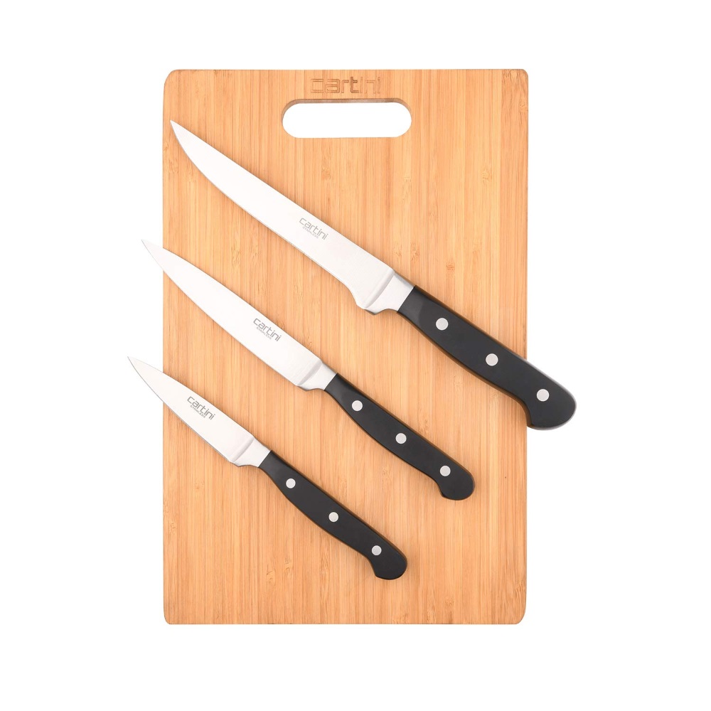 Godrej Cartini Bamboo Chopping Board large + Kitchen Knife + Vegitable Knife + Paring Knife Professional,SS 420 and Bamboo,Black and Brown