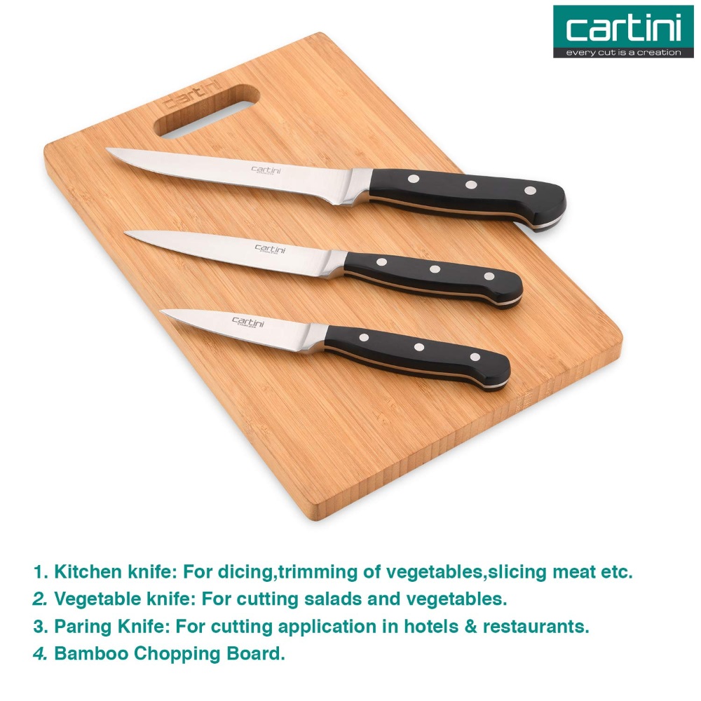 Godrej Cartini Bamboo Chopping Board large + Kitchen Knife + Vegitable Knife + Paring Knife Professional,SS 420 and Bamboo,Black and Brown