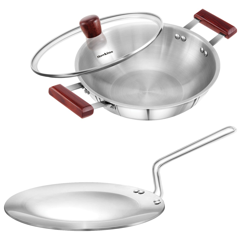 Hawkins Triply Stainless Steel 3.5 mm Tawa 26 cm and 3 mm Kadhai 2.5 Ltr with Lid