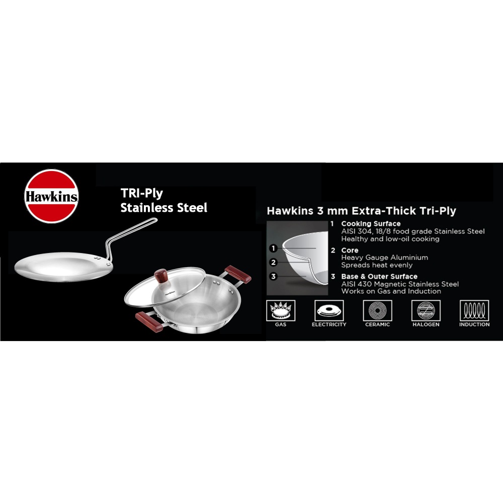 Hawkins Triply Stainless Steel 3.5 mm Tawa 26 cm and 3 mm Kadhai 2.5 Ltr with Lid