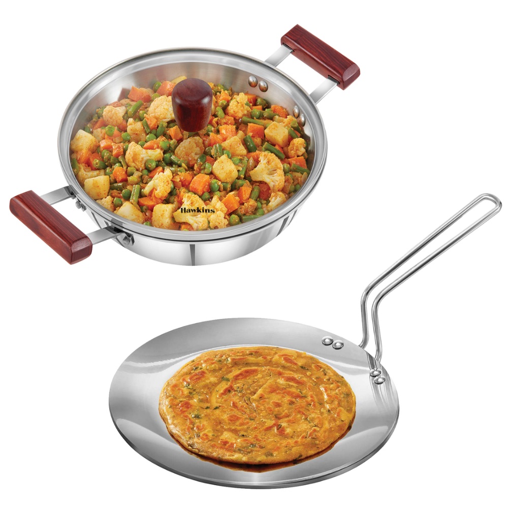 Hawkins Triply Stainless Steel 3.5 mm Tawa 26 cm and 3 mm Kadhai 2.5 Ltr with Lid