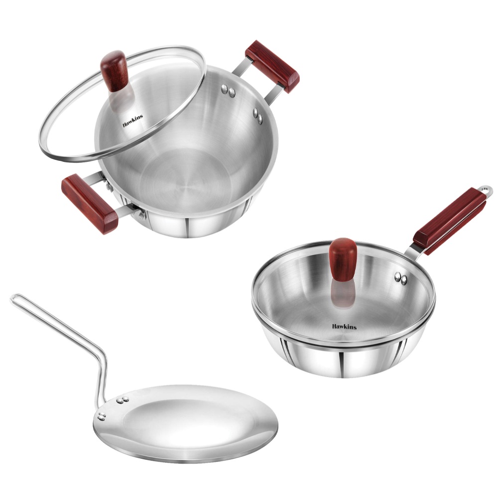 Hawkins Triply Stainless Steel Frying Pan 26 cm with Lid, Kadhai 2.5 Ltr with Lid, Tawa 26 cm