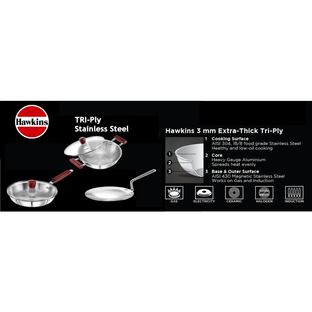 Hawkins Triply Stainless Steel Frying Pan 26 cm with Lid, Kadhai 2.5 Ltr with Lid, Tawa 26 cm