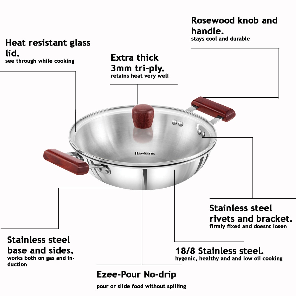 Hawkins Triply Stainless Steel Frying Pan 26 cm with Lid, Kadhai 2.5 Ltr with Lid, Tawa 26 cm