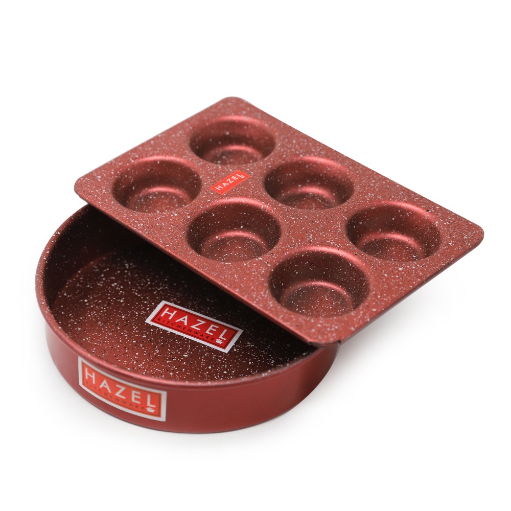 HAZEL Alfa Heavy Gauge Preimium Aluminium Granite Finish Non Stick Microwave Safe 2 Pc Mould Combo, 1 Large Cake Mould With 1 Muffin Tray, Red