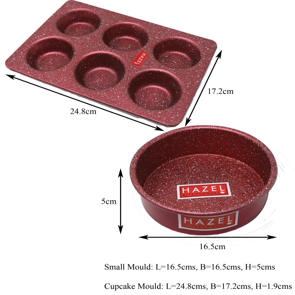 HAZEL Alfa Heavy Gauge Preimium Aluminium Granite Finish Non Stick Microwave Safe 2 Pc Mould Combo, 1 Small Cake Mould With 1 Muffin Tray, Red