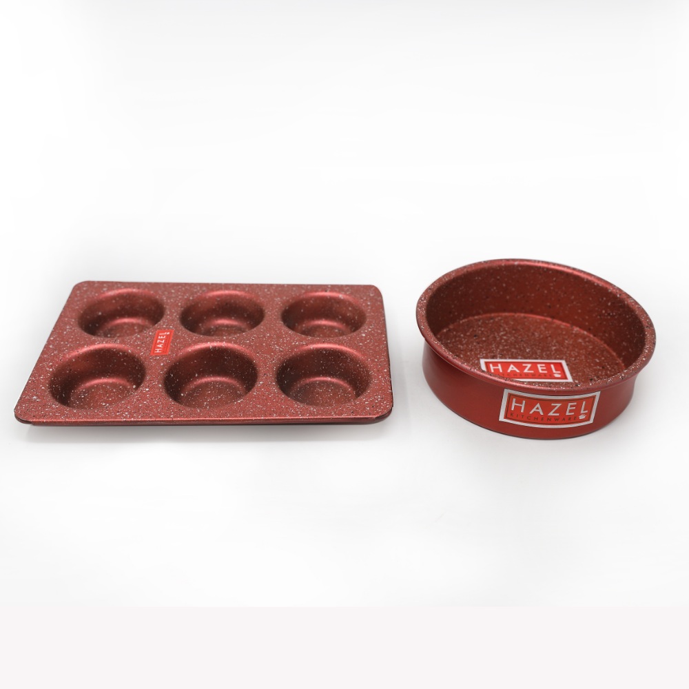 HAZEL Alfa Heavy Gauge Preimium Aluminium Granite Finish Non Stick Microwave Safe 2 Pc Mould Combo, 1 Small Cake Mould With 1 Muffin Tray, Red