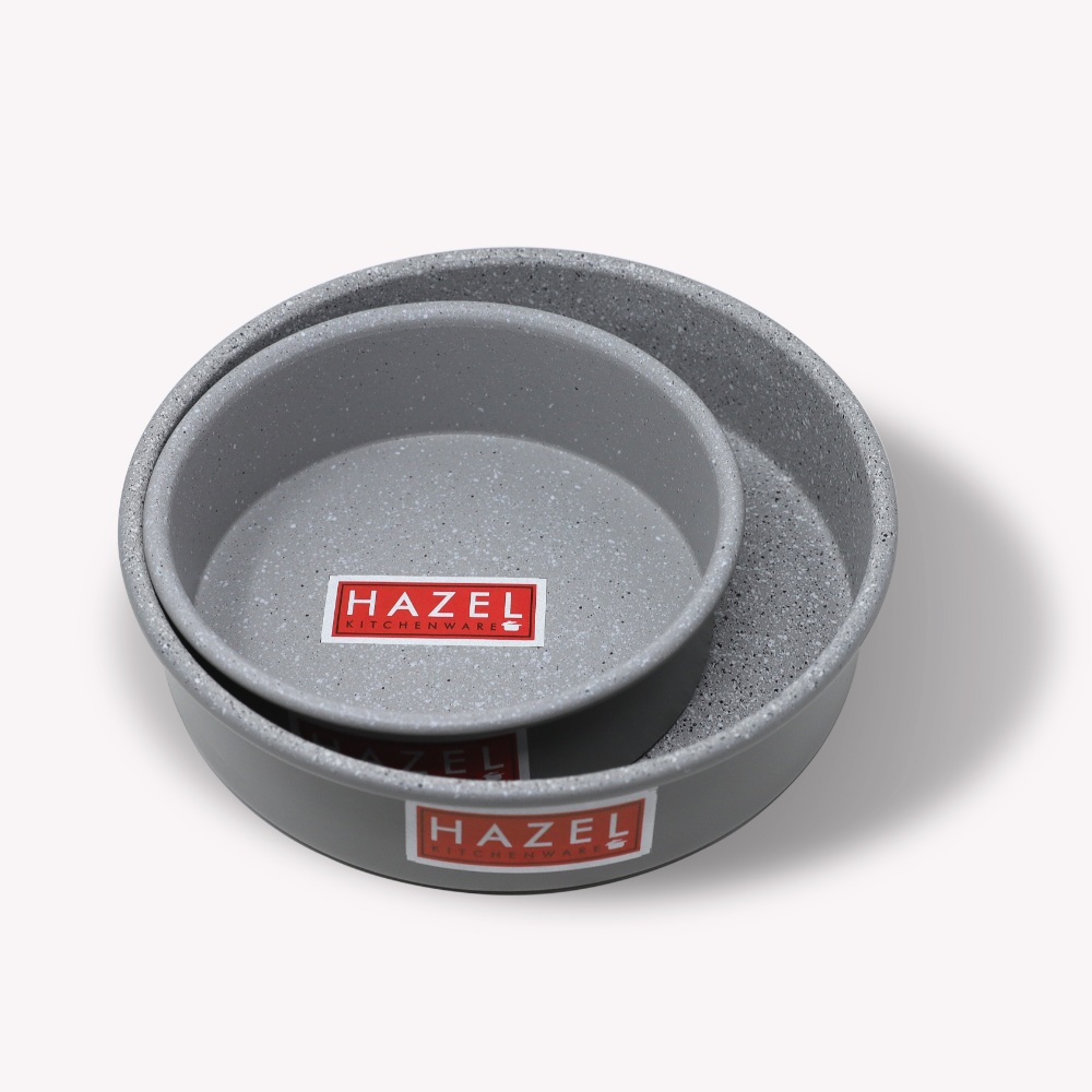 HAZEL Alfa Heavy Gauge Preimium Aluminium Granite Finish Non Stick Microwave Safe 2 Pc Mould Combo, 1 Large Cake Mould With 1 Small Cake Mould, Grey