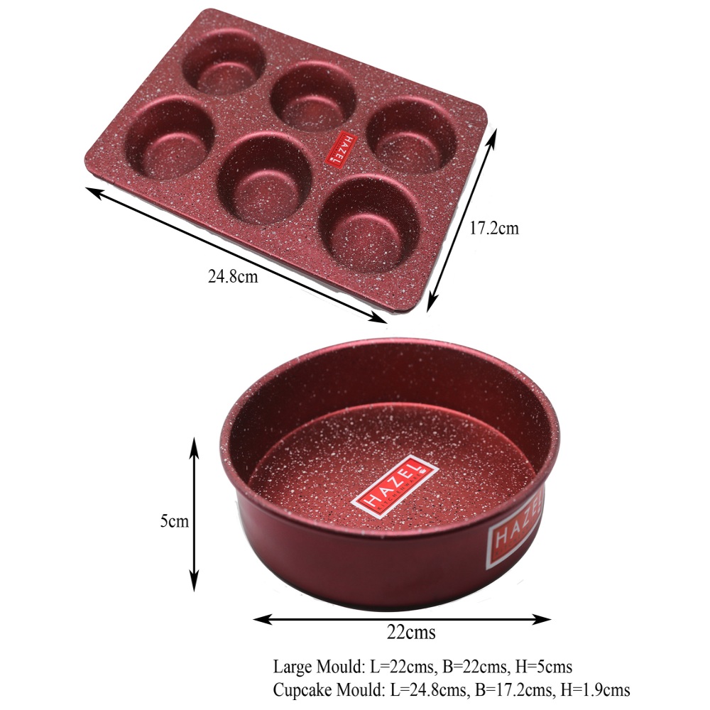 HAZEL Alfa Heavy Gauge Preimium Aluminium Granite Finish Non Stick Microwave Safe 2 Pc Mould Combo, 1 Large Cake Mould With 1 Muffin Tray, Red