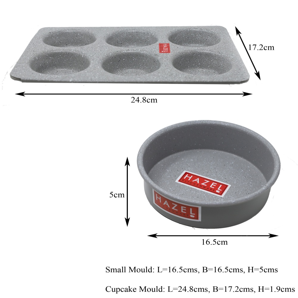 HAZEL Alfa Heavy Gauge Preimium Aluminium Granite Finish Non Stick Microwave Safe 2 Pc Mould Combo, 1 Small Cake Mould With 1 Muffin Tray, Grey