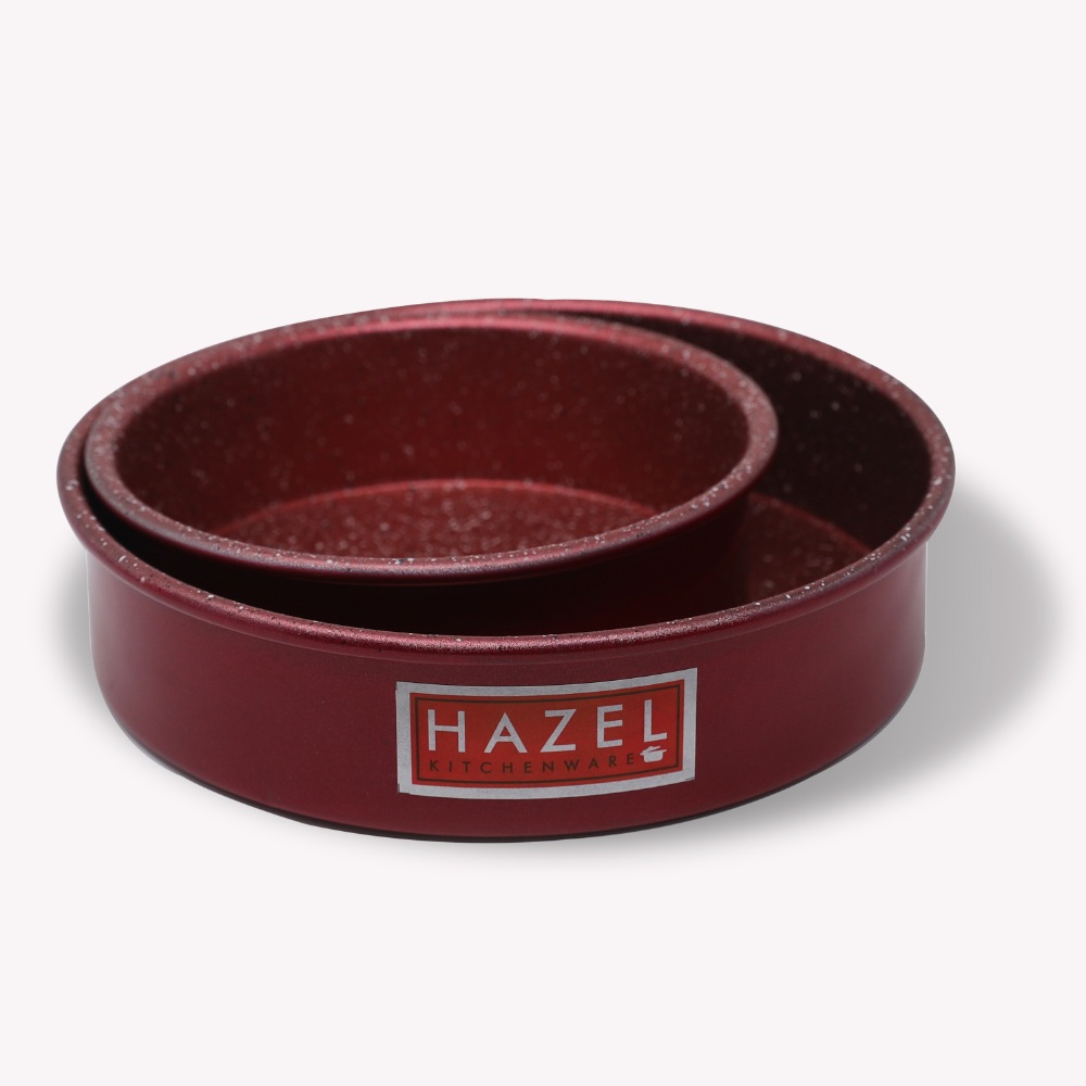 HAZEL Alfa Heavy Gauge Preimium Aluminium Granite Finish Non Stick Microwave Safe 2 Pc Mould Combo, 1 Large Cake Mould With 1 Small Cake Mould, Red
