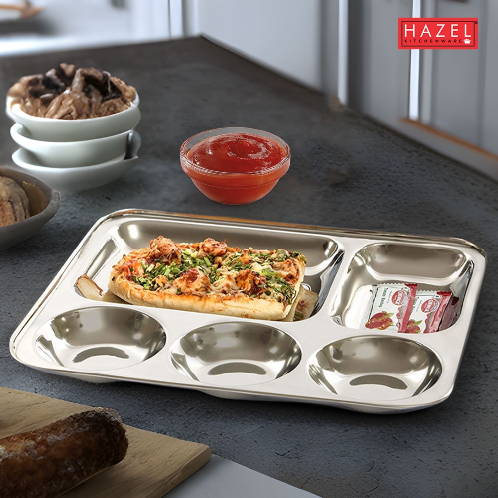 HAZEL Stainless Steel Compartment Mess Plate | Steel Rectangle Bhojan Thali with Round Holes, Set of 6