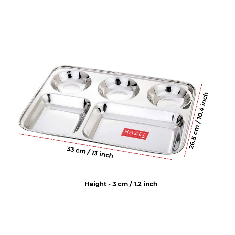 HAZEL Stainless Steel Compartment Mess Plate | Steel Rectangle Bhojan Thali with Round Holes, Set of 6