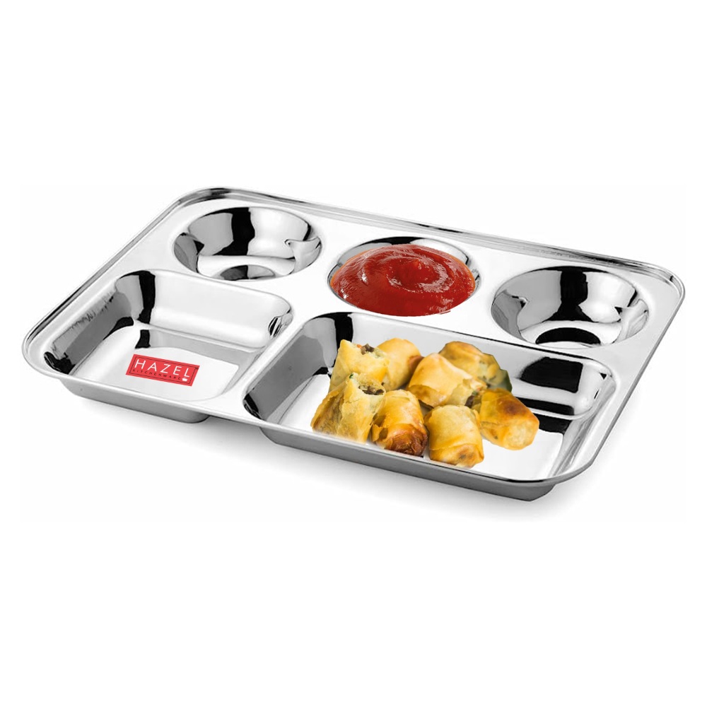 HAZEL Stainless Steel Compartment Mess Plate | Steel Rectangle Bhojan Thali with Round Holes, Set of 6
