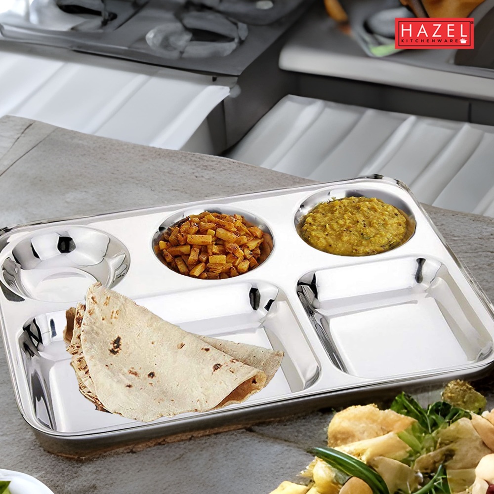 HAZEL Stainless Steel Compartment Mess Plate | Steel Rectangle Bhojan Thali with Round Holes, Set of 6