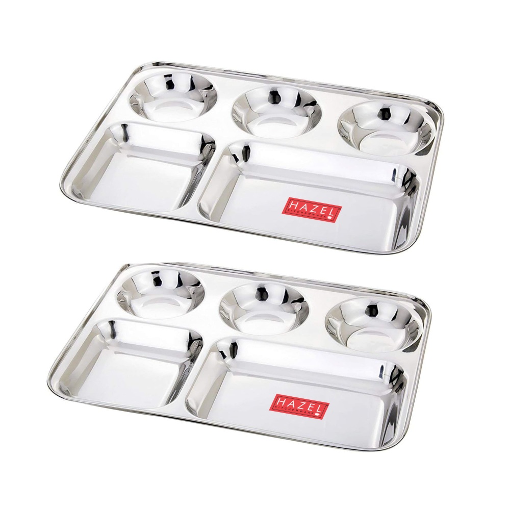 HAZEL Stainless Steel Compartment Mess Plate | Steel Rectangle Bhojan Thali with Round Holes, Set of 2