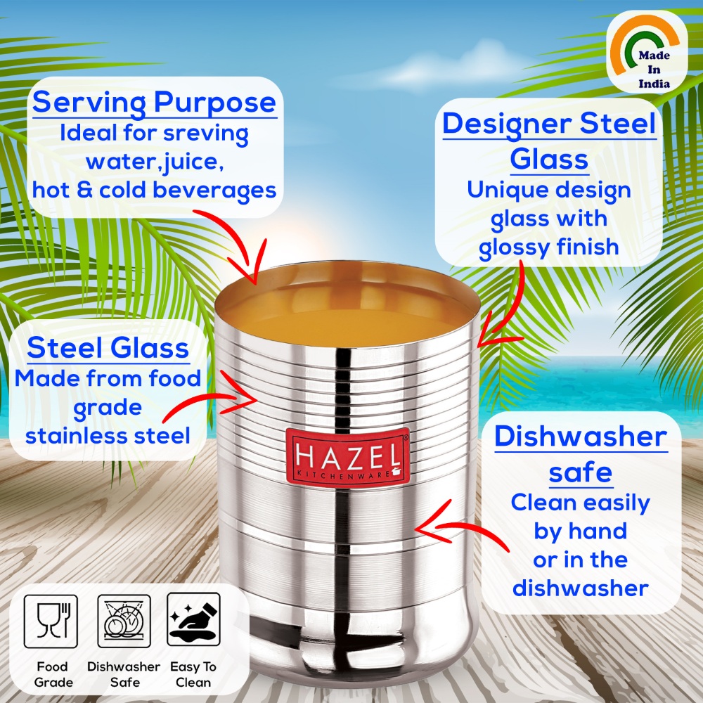 HAZEL Stainless Steel Glasses Set of 6 for Water & Juice | Unbreakable Glass Set with Glossy Finish Design & Dishwasher Safe, 350 ML