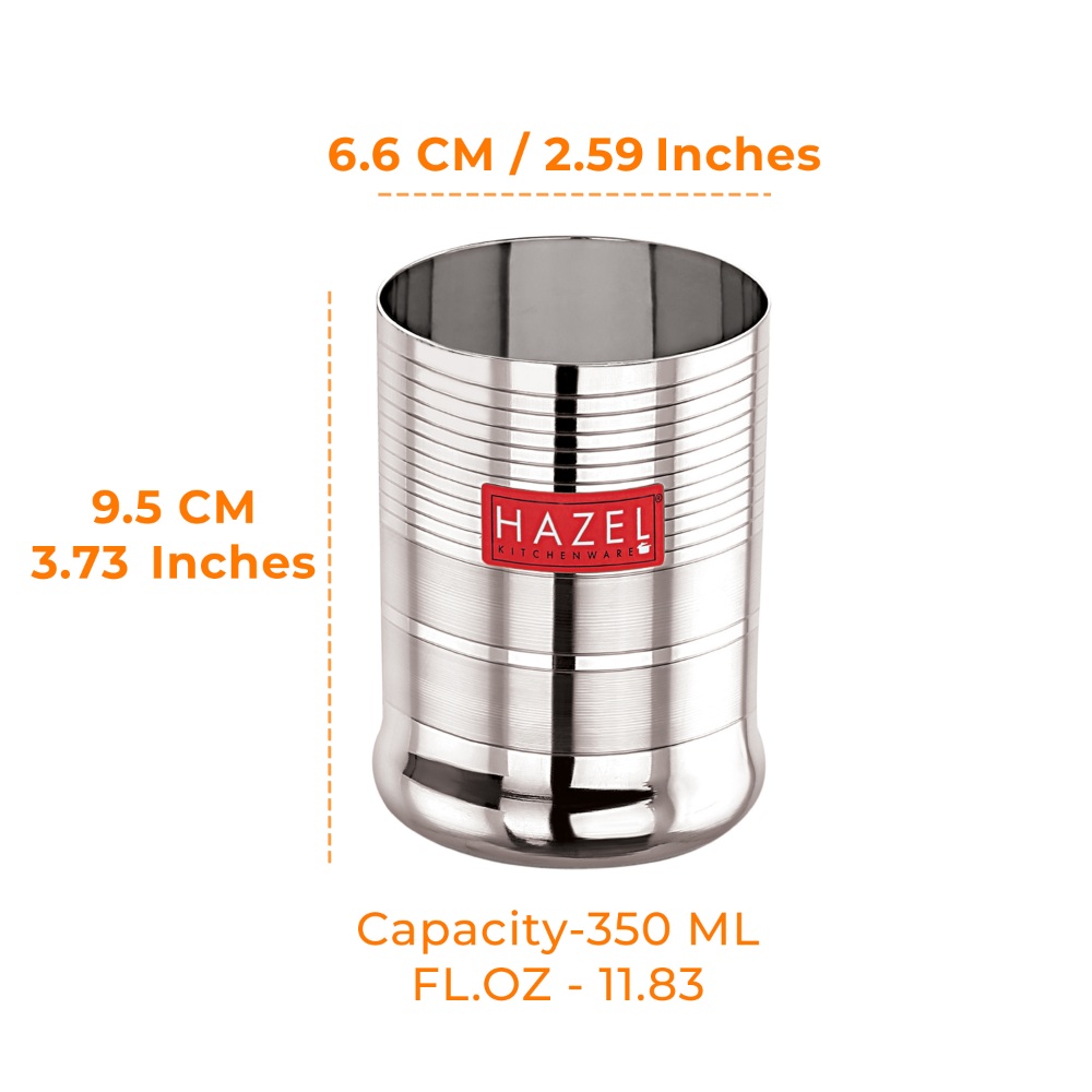 HAZEL Stainless Steel Glasses Set of 6 for Water & Juice | Unbreakable Glass Set with Glossy Finish Design & Dishwasher Safe, 350 ML