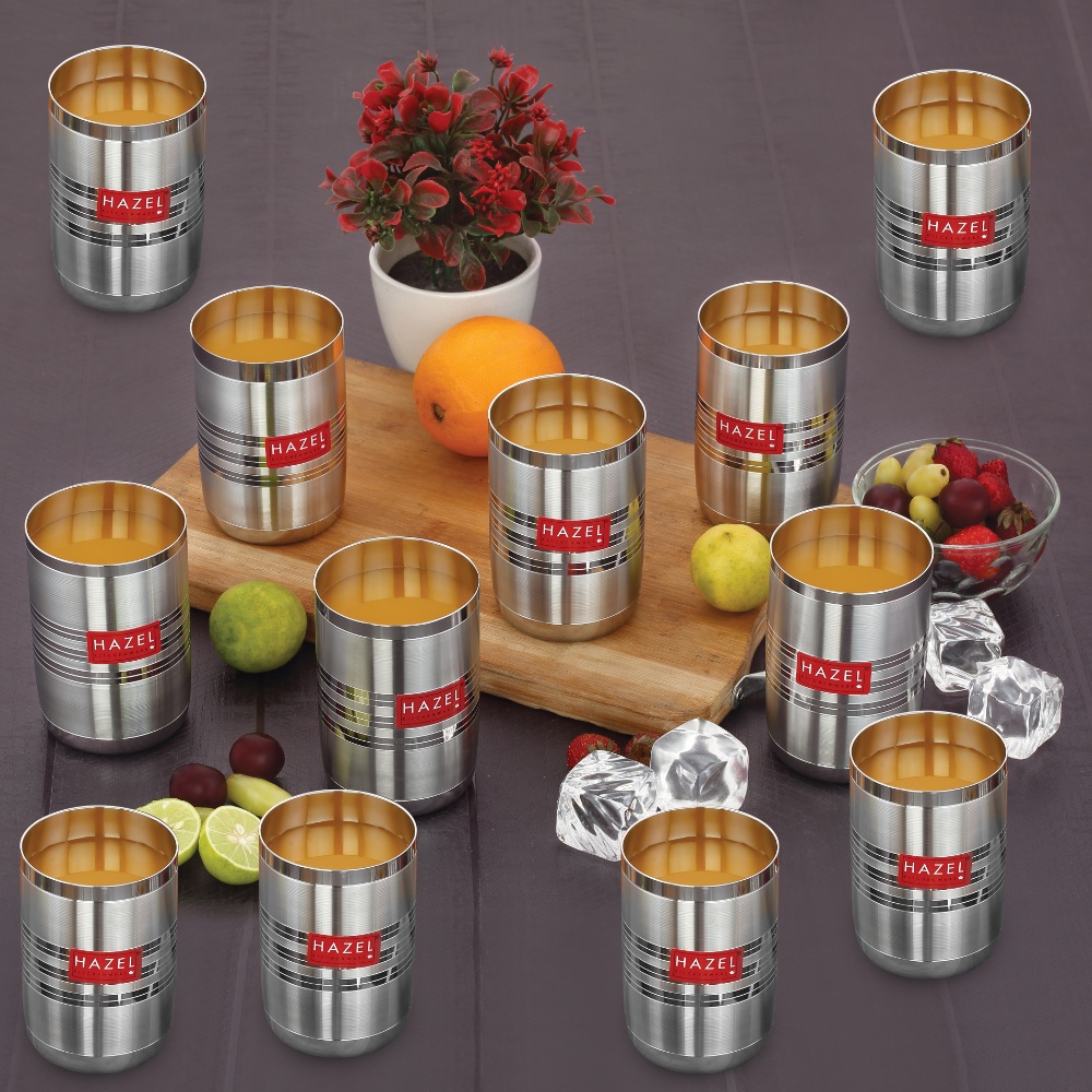 HAZEL Stainless Steel Glasses Set of 12 for Water & Juice | Unbreakable Glass Set with Glossy Finish Design & Dishwasher Safe, 350 ML