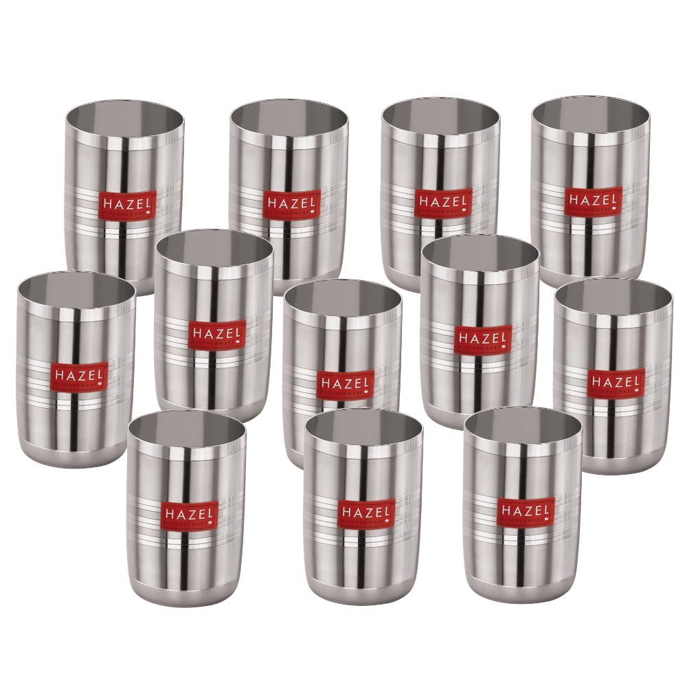 HAZEL Stainless Steel Glasses Set of 12 for Water & Juice | Unbreakable Glass Set with Glossy Finish Design & Dishwasher Safe, 350 ML