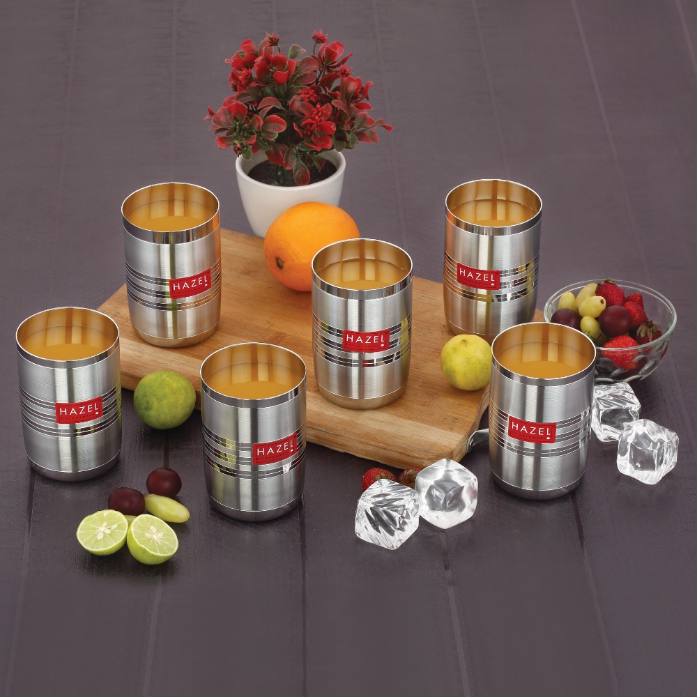 HAZEL Stainless Steel Glasses Set of 6 for Water & Juice | Unbreakable Glass Set with Glossy Finish Design & Dishwasher Safe, 350 ML