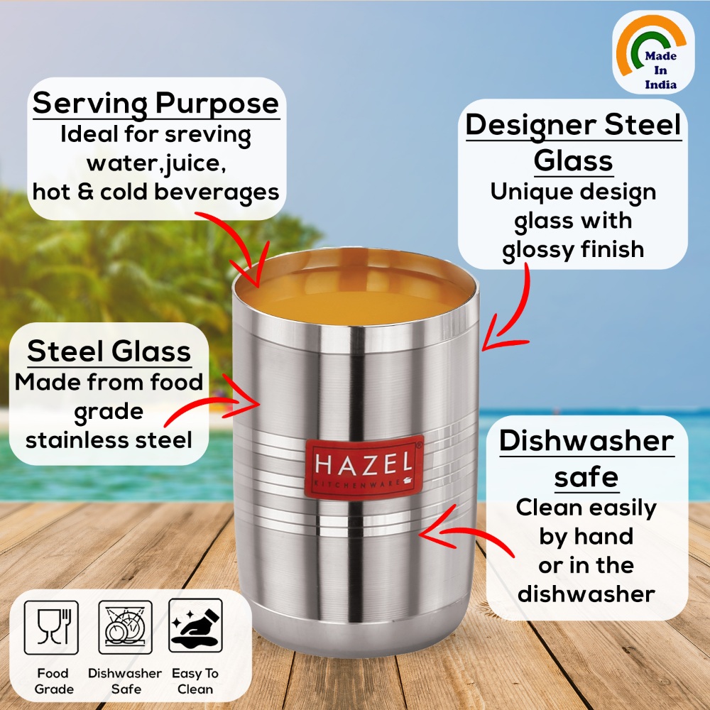 HAZEL Stainless Steel Glasses Set of 6 for Water & Juice | Unbreakable Glass Set with Glossy Finish Design & Dishwasher Safe, 350 ML