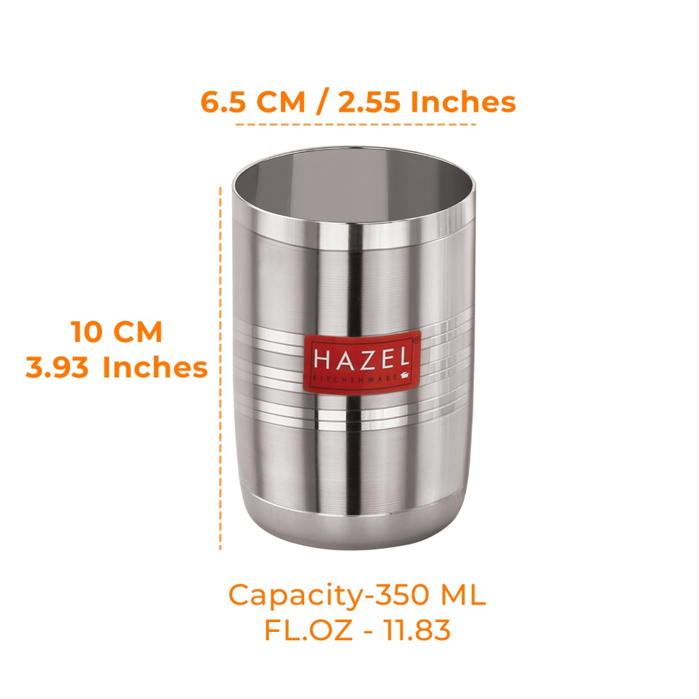 HAZEL Stainless Steel Glasses Set of 6 for Water & Juice | Unbreakable Glass Set with Glossy Finish Design & Dishwasher Safe, 350 ML