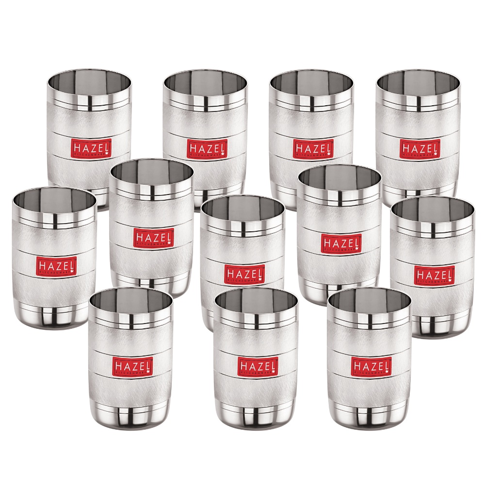 HAZEL Drinking Glasses Set of 12 | Stainless Steel Unbreakable Glass Set with Glossy Finish Design & Dishwasher Safe, 350 ML