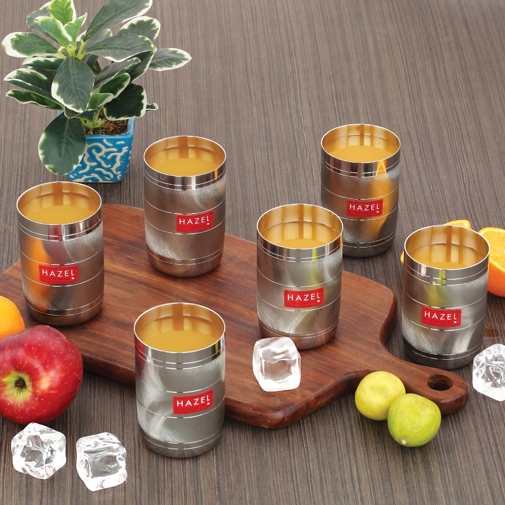 HAZEL Drinking Glasses Set of 6 | Stainless Steel Unbreakable Glass Set with Glossy Finish Design & Dishwasher Safe, 350 ML