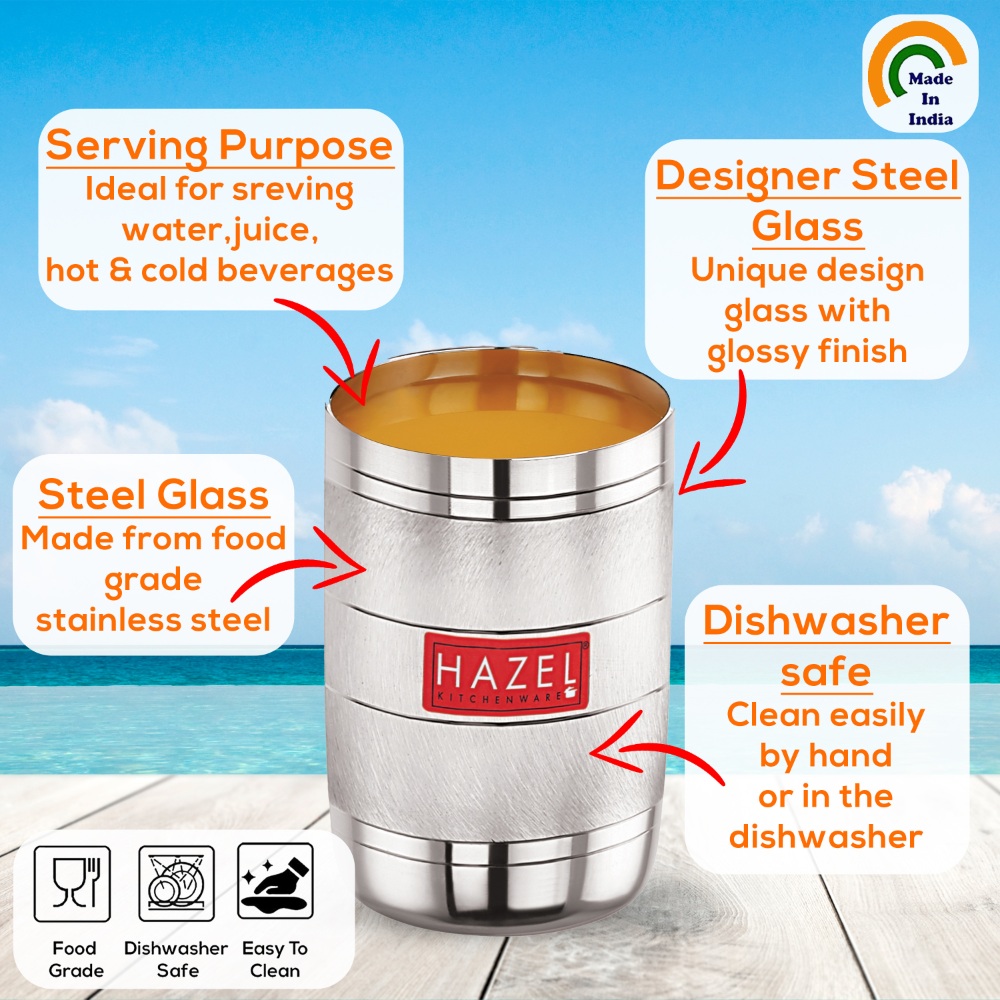 HAZEL Drinking Glasses Set of 6 | Stainless Steel Unbreakable Glass Set with Glossy Finish Design & Dishwasher Safe, 350 ML